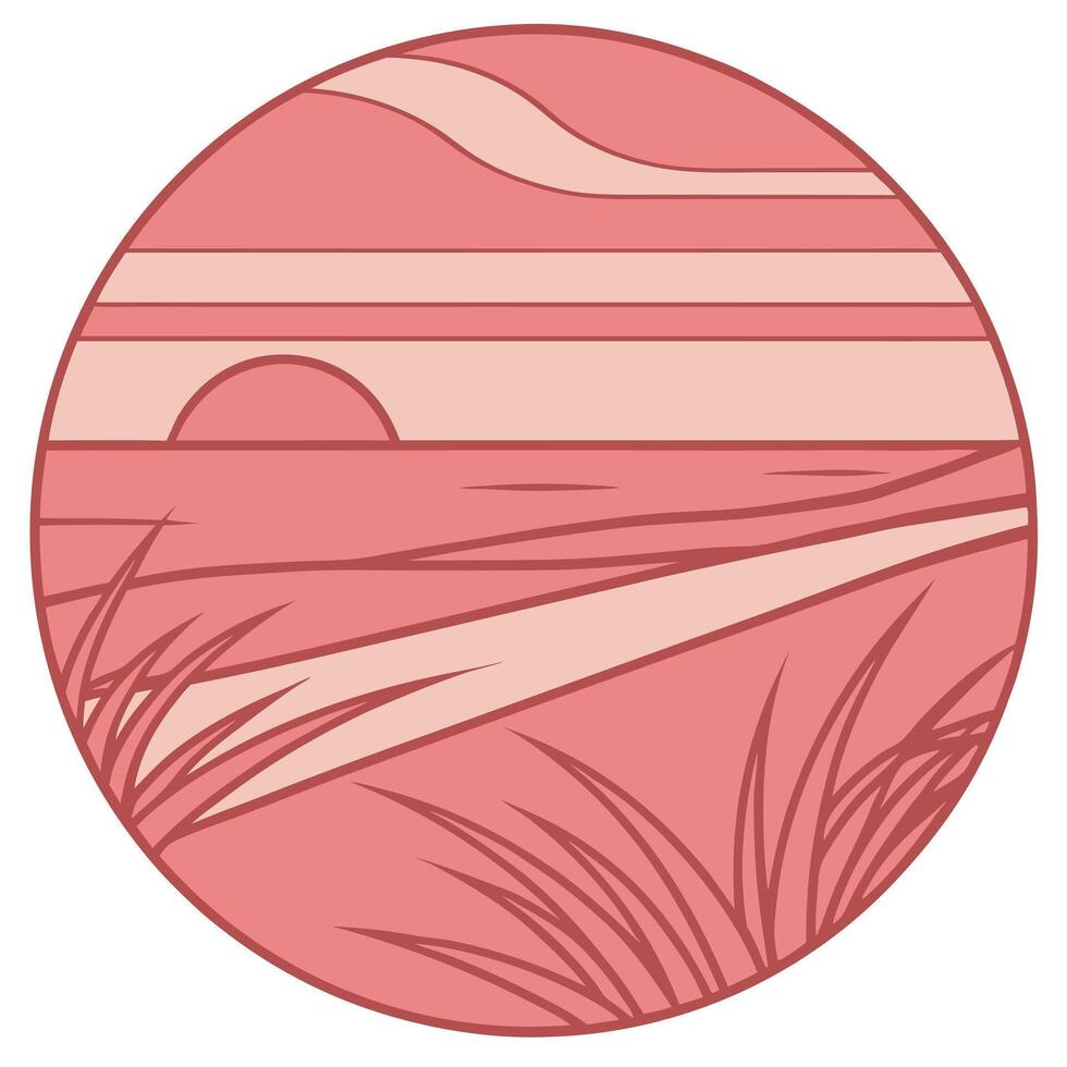 Sunset Beach Scene Minimalist Coastal Art, Calm Ocean, Pink Hues vector
