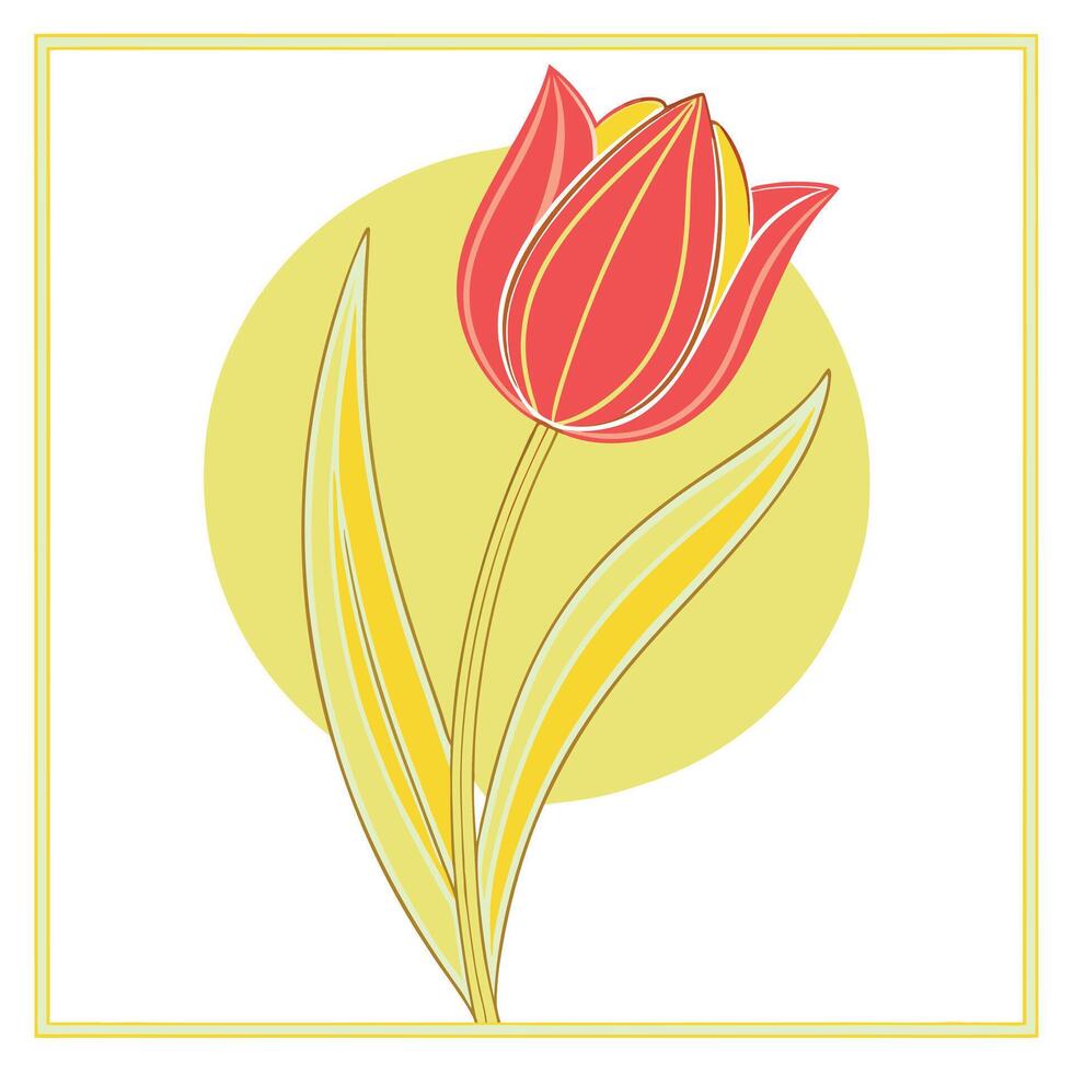 Single Red Tulip Flower Bloom Springtime Yellow Circle Art vector