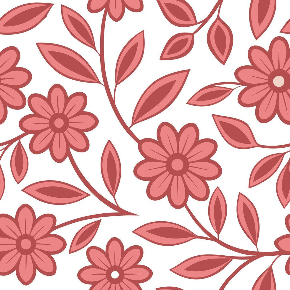Seamless Floral Pattern Pink Flowers, Leaves, Elegant Design vector