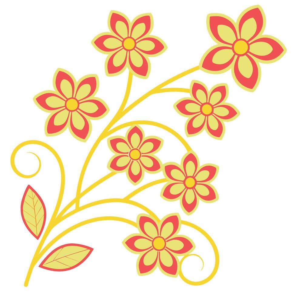 Floral Design Yellow and Red Flowers, Stems, Leaves, Swirls vector