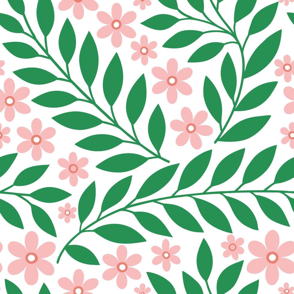 Floral Seamless Pattern Pink Flowers and Green Leaves Design vector