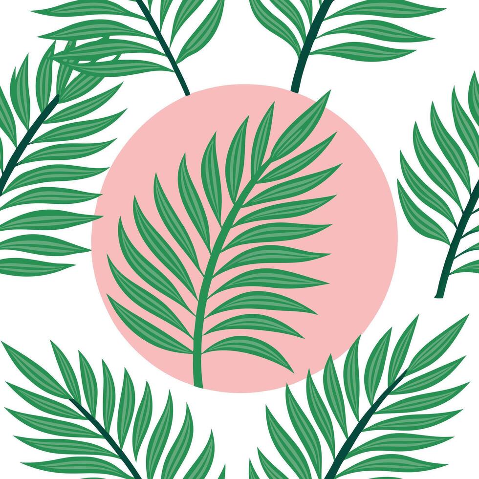 Tropical Palm Leaf Pattern Pink Circle, Green Foliage, Summer Design vector