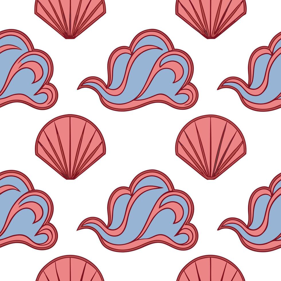 Seamless Pattern Pink Shells and Blue Ocean Waves Design vector