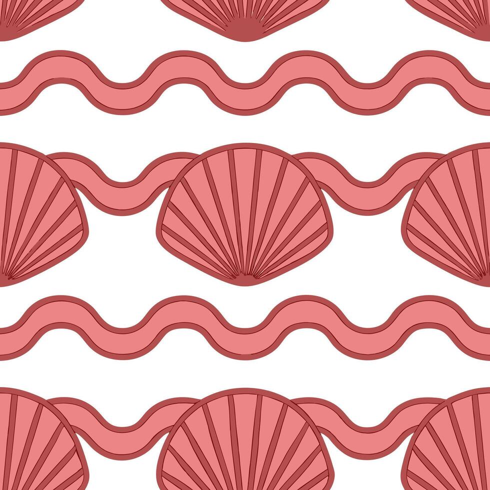 Seamless Summer Seashell Pattern Pink Shells and Waves vector