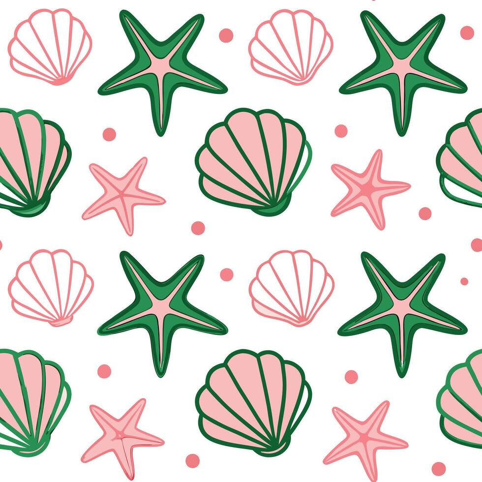 Seashells Starfish Summer Pattern Pink Green Ocean Beach Design vector