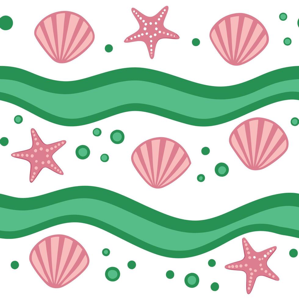 Sea Shells, Starfish, Ocean Waves Summer Beach Pattern Design vector