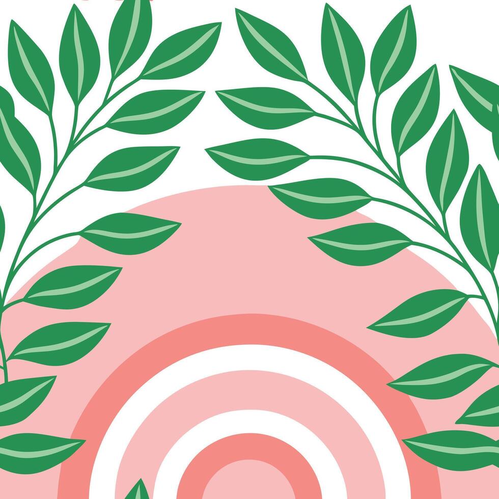 Pink Peach Rainbow Concentric Circles Green Leaves Botanical vector