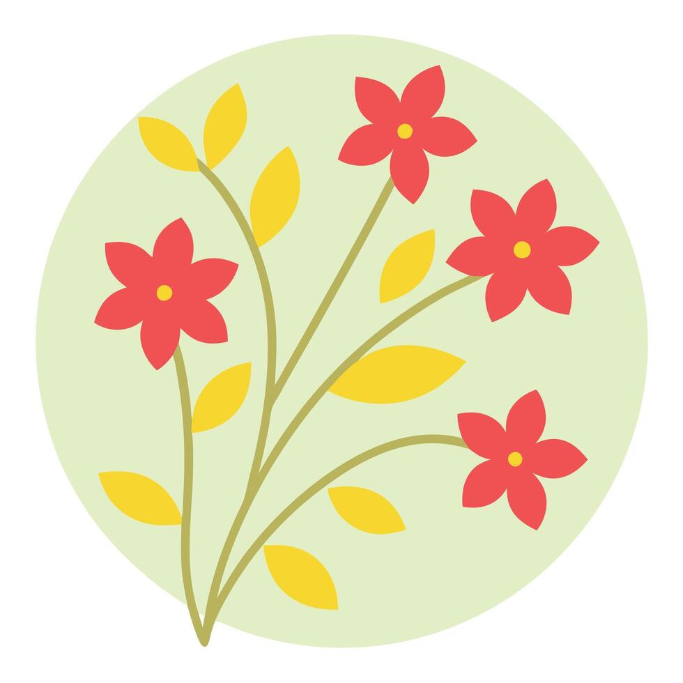 Red Flowers, Yellow Leaves, Green Circle, Simple Floral Design, Botanical Illustration, Nature Art, vector