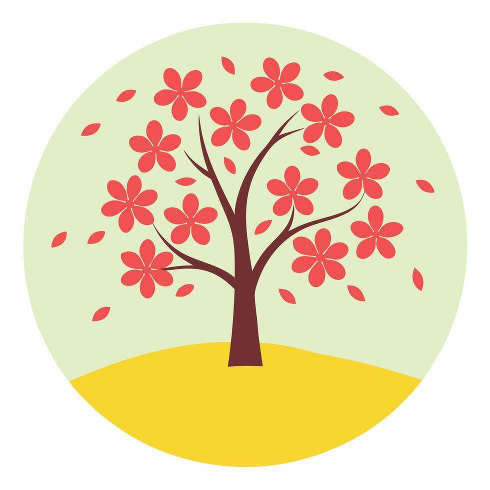 Stylized Spring Blossom Tree, Circular Design, Nature Illustration, Floral Art, Peaceful Scene vector