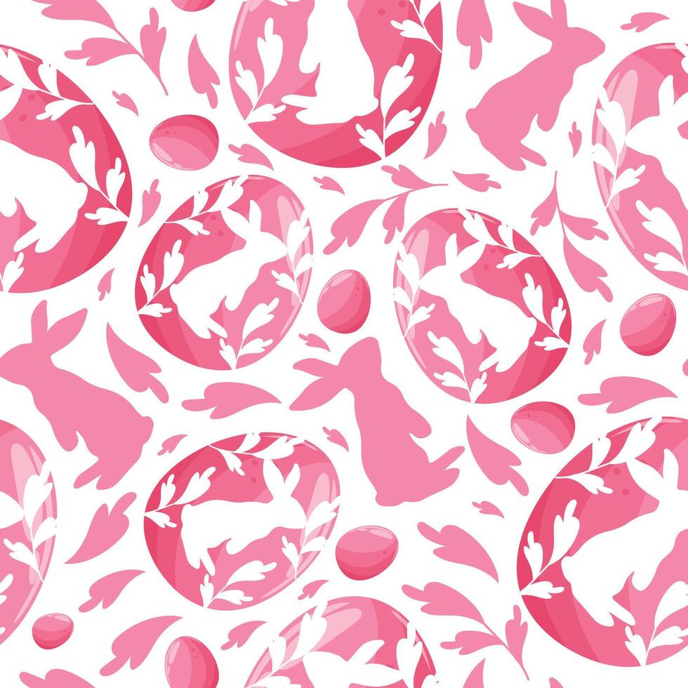 Easter seamless pattern with pink Easter eggs with a shadow of a rabbit standing on its hind legs and a shadow of a rabbit and pink leaves arranged randomly vector