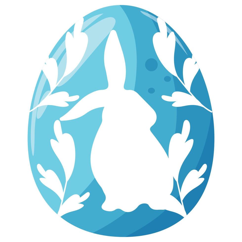 design of an easter egg in blue with a shadow of a rabbit with big ears sitting and twigs on it vector