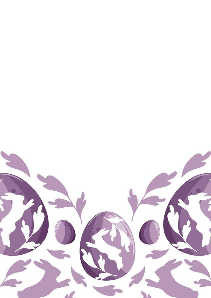 easter holiday poster or greeting card template with purple easter eggs with shadow of rabbit jumping and shadow of rabbit and purple leaves vector