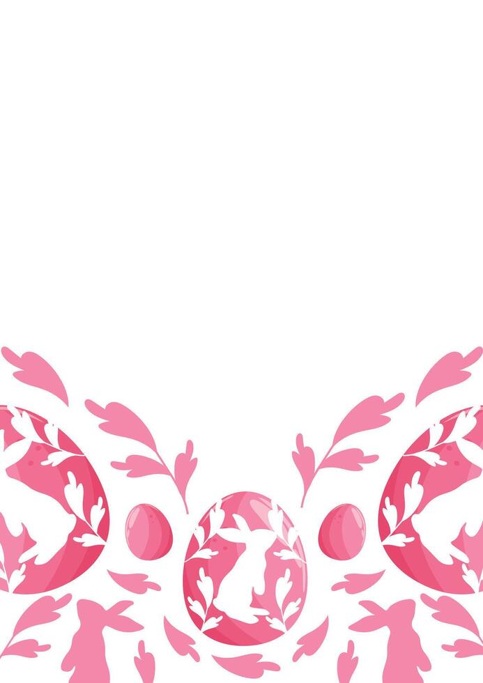Easter poster or greeting card template with pink Easter eggs with a shadow of a rabbit standing on its hind legs and a shadow of a rabbit and pink leaves vector
