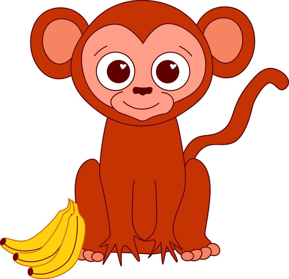 Graphic line Cartoon cute monkey chimpanzee with bananas composition. illustration of happy monkey character design isolated. 2028 china new year vector