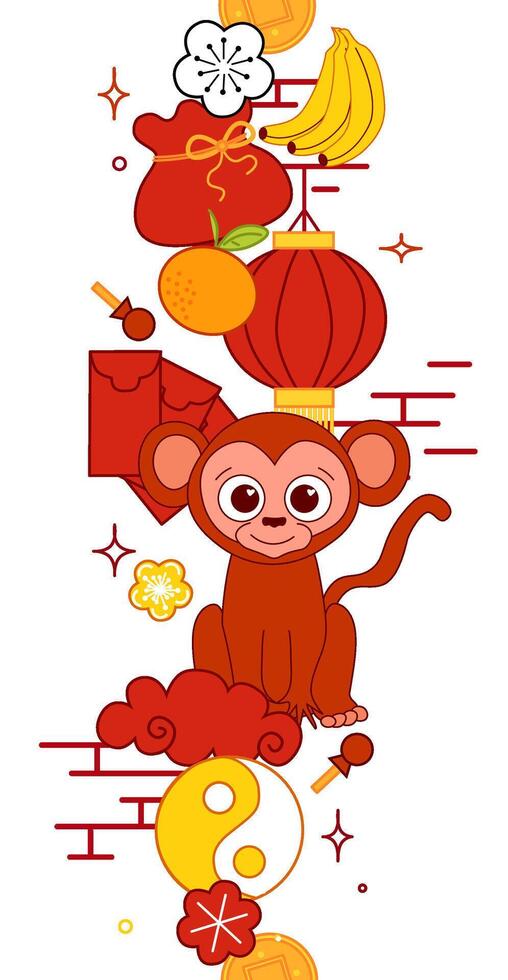 China new year elements seamless vertical border. 2028 year of monkey Isolated. Graphic line Illustration. Lunar New Year Decorative Banner. Chinese New Year Elements Set vector