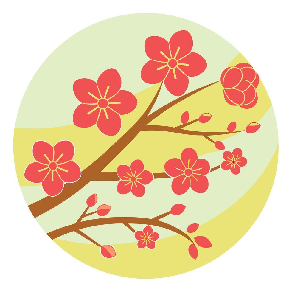Elegant Plum Blossom Branch, Springtime Asian Art, Circular Design vector