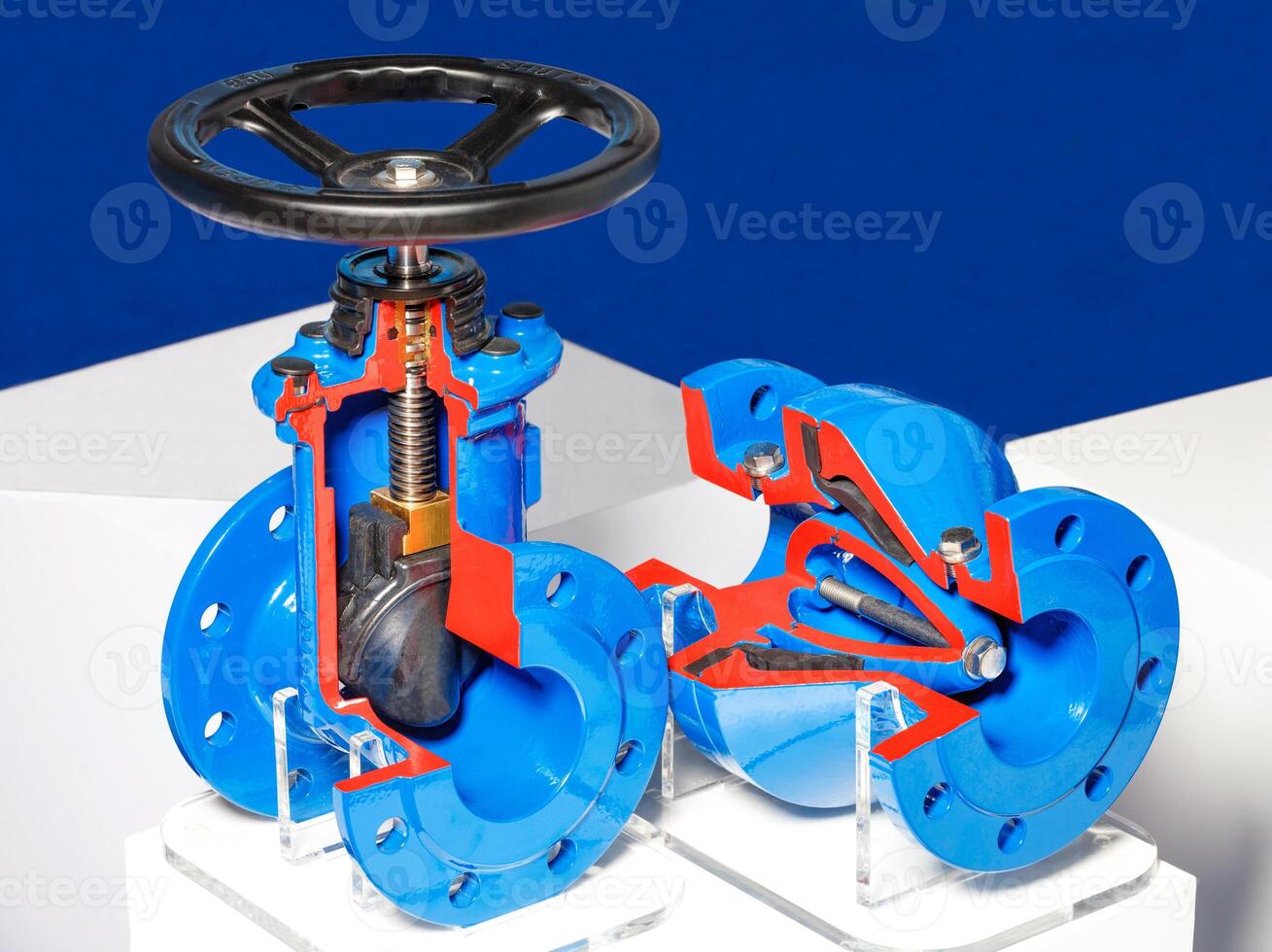 Cross-section of industrial shut-off valves with a rubberized wedge as a shut-off valve to prevent the movement of cold or hot water. photo