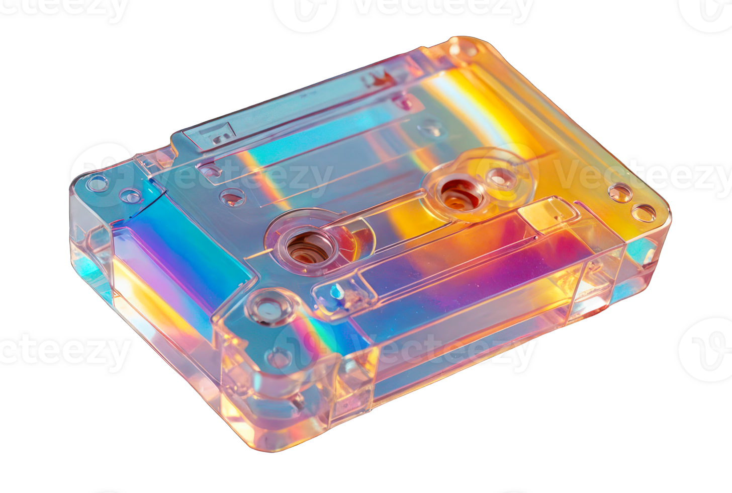 3D render holographic chrome Y2K element, isolated background. Liquid metal, rainbow colored plastic cassette tape, clear rainbow effect, prism. png