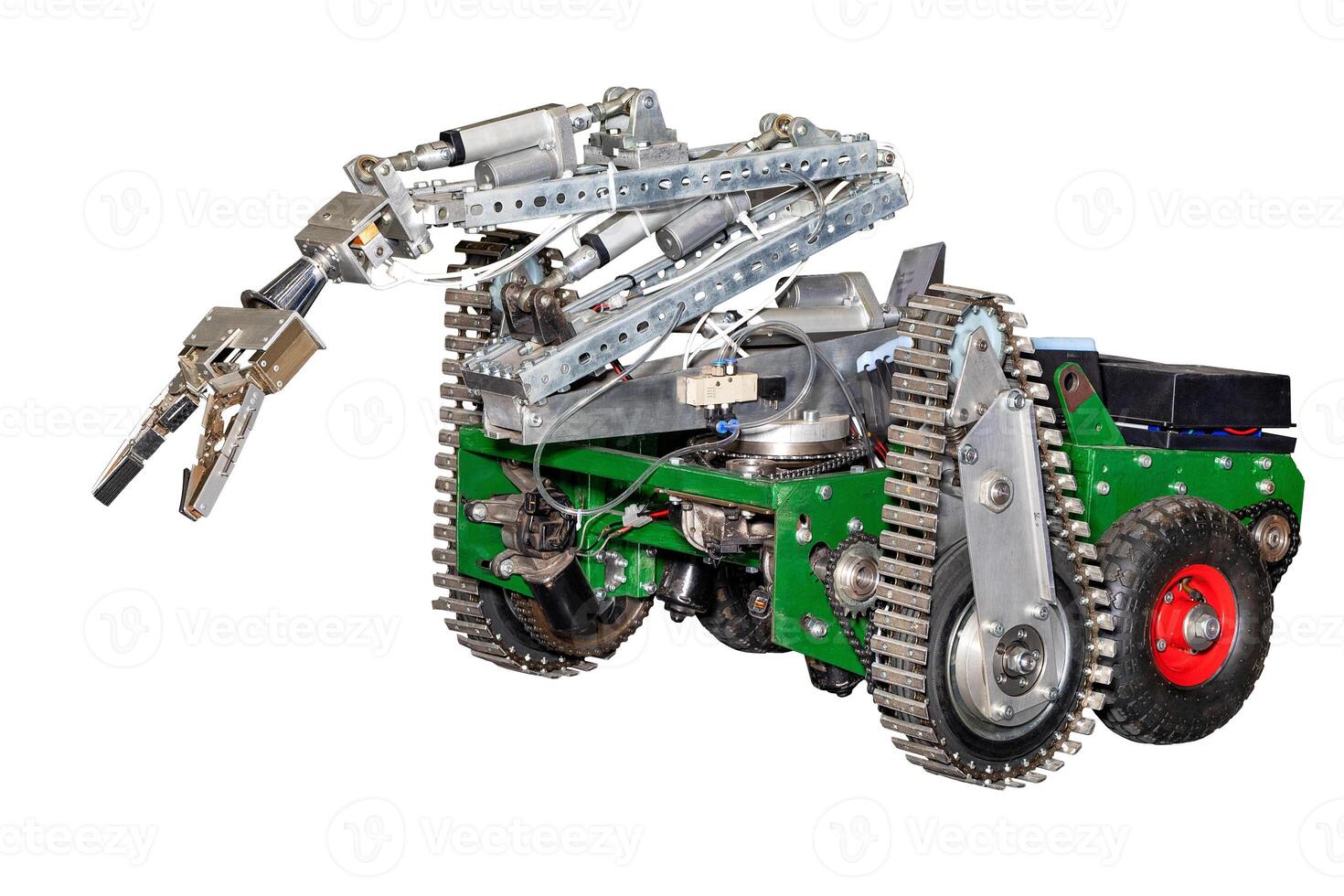 Robot manipulator for work on sites dangerous for human life, used for demining areas. Isolated on white background. photo