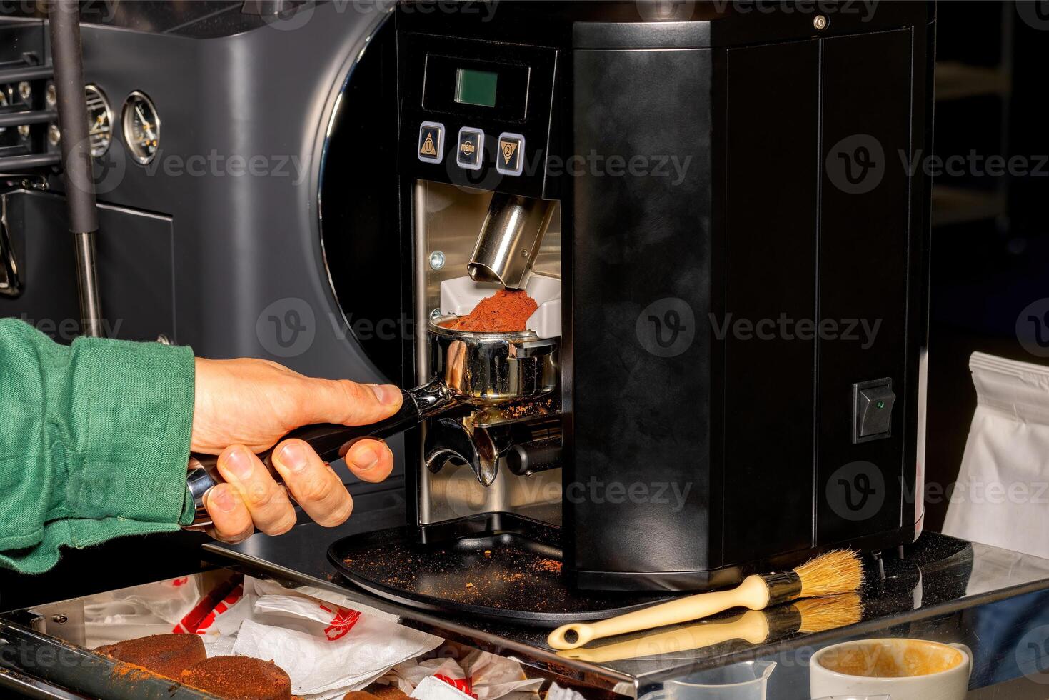 Brewing perfection with precision tools in a bustling cafe environment photo