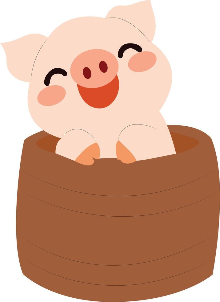 Happy Piglet Hiding Wooden Barrel peeking, happy world animal day vector