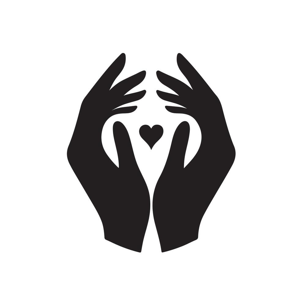 hands holding heart icon, black silhouette on white background vector