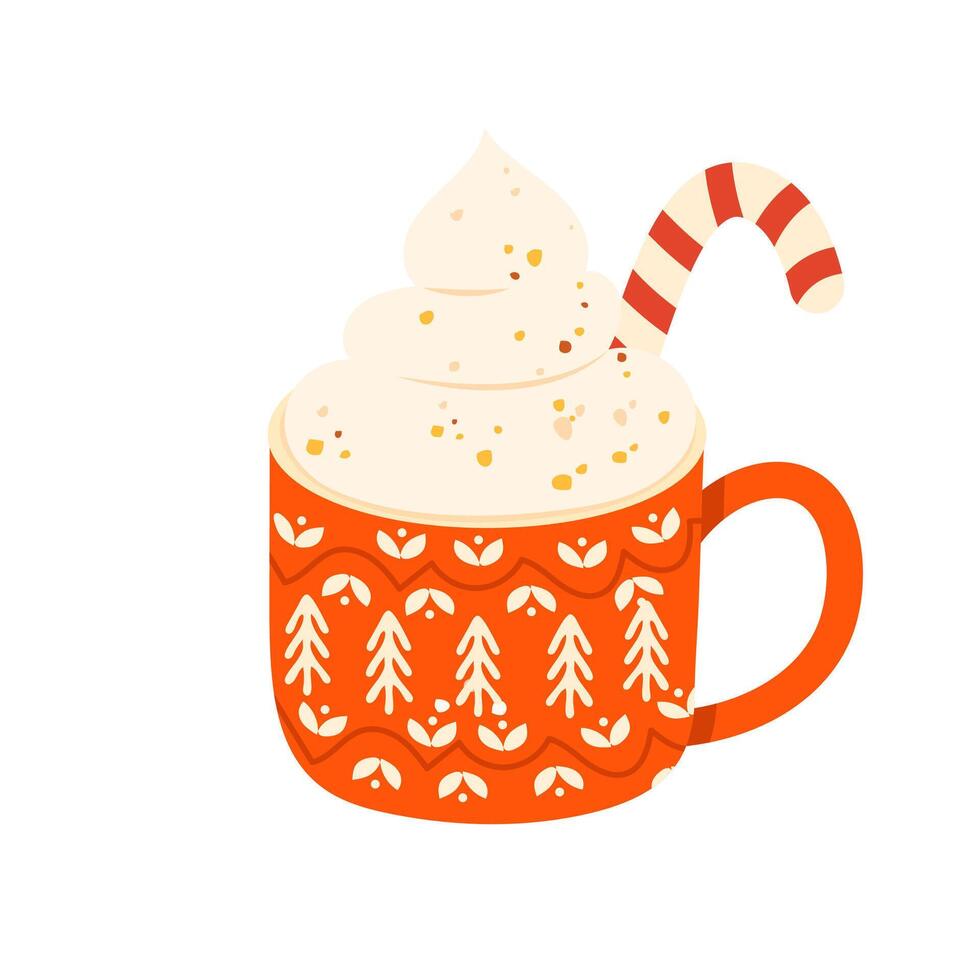 Cute Christmas mug with hot cocoa, chocolate or coffee and decorated with whipped cream and candy cane isolated on white background. Hand drawn flat cartoon style vector