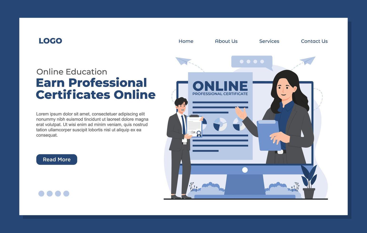 Landing page template online education virtual classes professional certification online library digital book concept set vector
