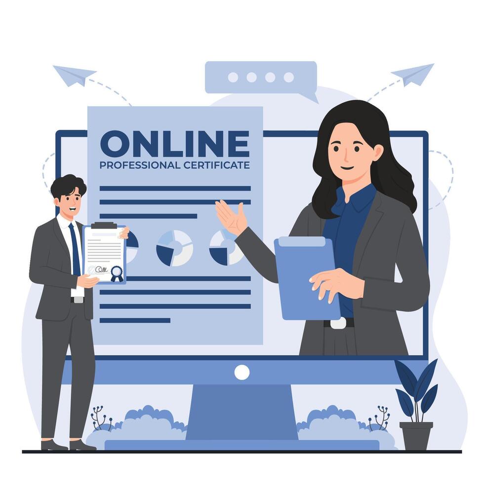 professional certification concept. Businessman and businesswoman on computer screen. illustration in flat style vector