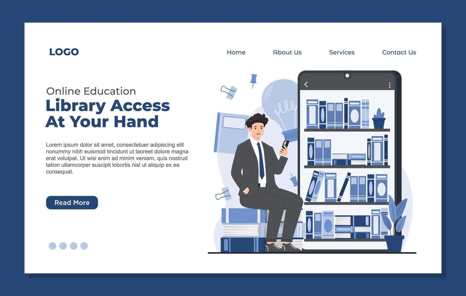 landing page template of online library. Man sitting on bookshelves and using smartphone. vector