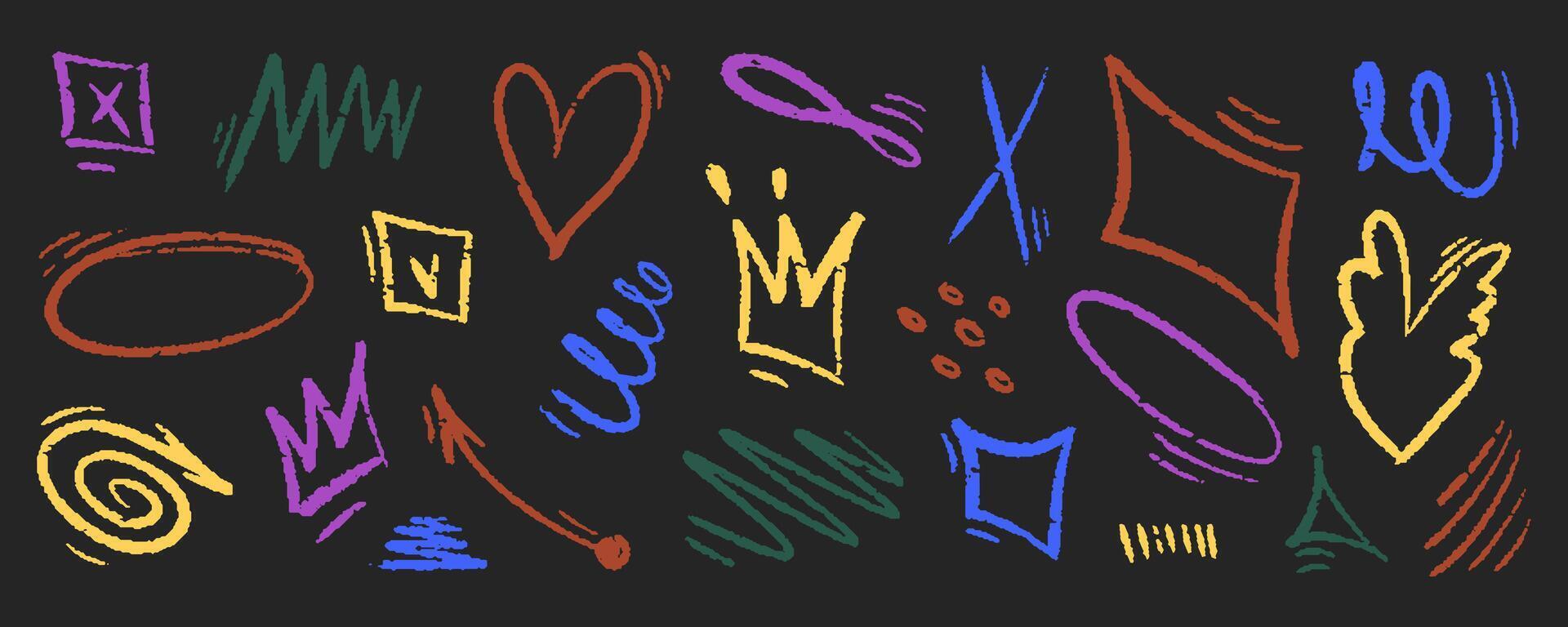 Chalk color hand drawn arrow, brush lines, underlines, crayon marker scribbles, grunge texture, heart, crown, text box, zig zag doodle sketch elements on black background. vector