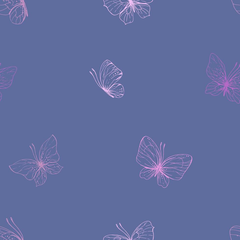 Butterflies are pink, blue, lilac, flying, delicate line art, clip art. Graphic illustration hand drawn in pink, lilac ink. Seamless pattern on a lilac background EPS vector
