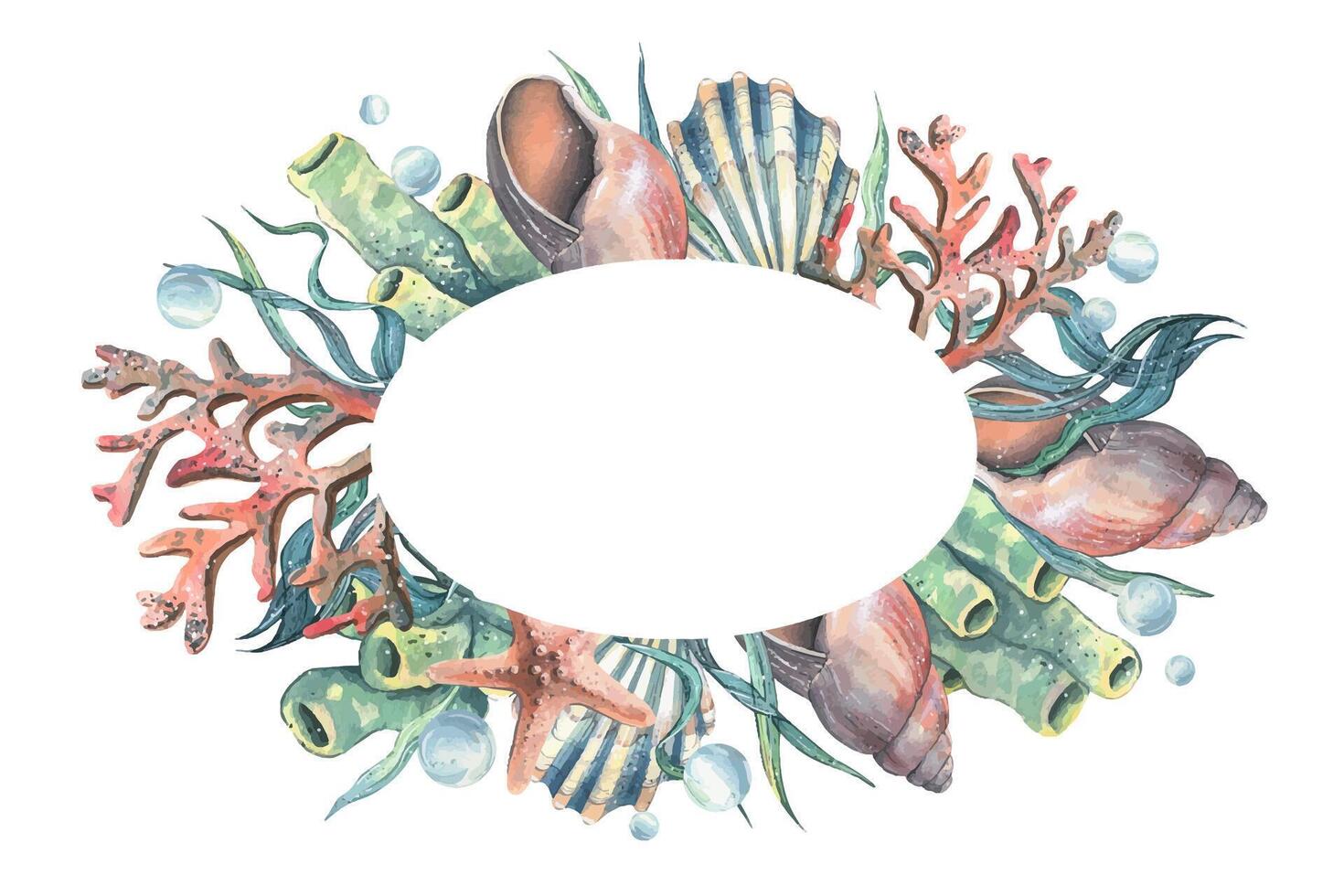 Corals, sea sponges, seaweed, shells, starfish and bubbles. Hand drawn watercolor illustration on the theme of sea animals and the underwater world. Oval wreath, frame, template for text. vector