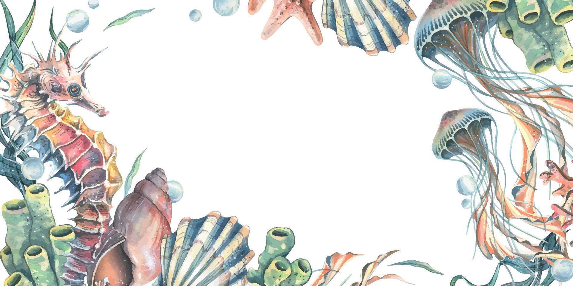 Seahorse, jellyfish, corals, sea sponges, seaweed, shells, starfish and bubbles. Hand drawn watercolor illustration on the theme of sea animals. Horizontal rectangular frame template for text. vector
