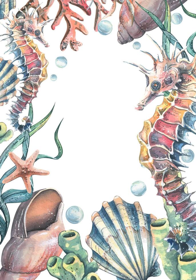 Seahorse, corals, sea sponges, seaweed, shells, starfish and bubbles. Hand drawn watercolor illustration on the theme of sea animals and the underwater world. Vertical rectangular frame, template vector