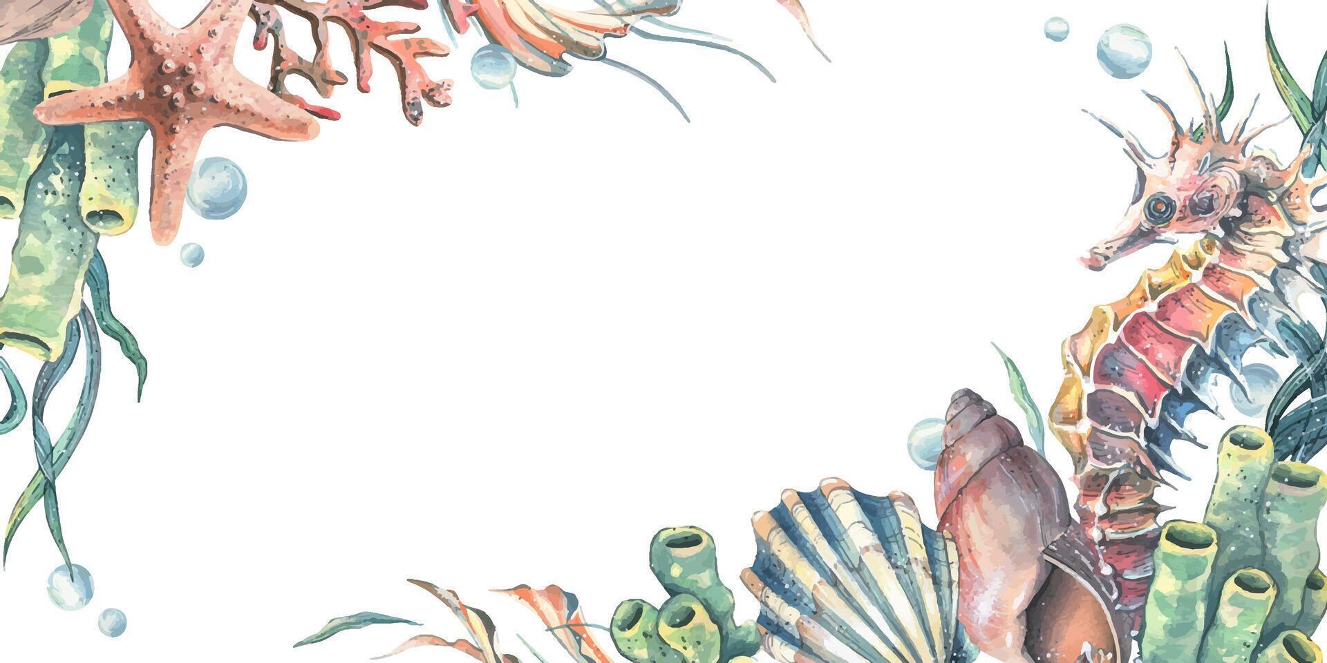 Seahorse, corals, sea sponges, seaweed, shells, starfish and bubbles. Hand drawn watercolor illustration on the theme of sea animals and the underwater world. Horizontal rectangular frame, template vector