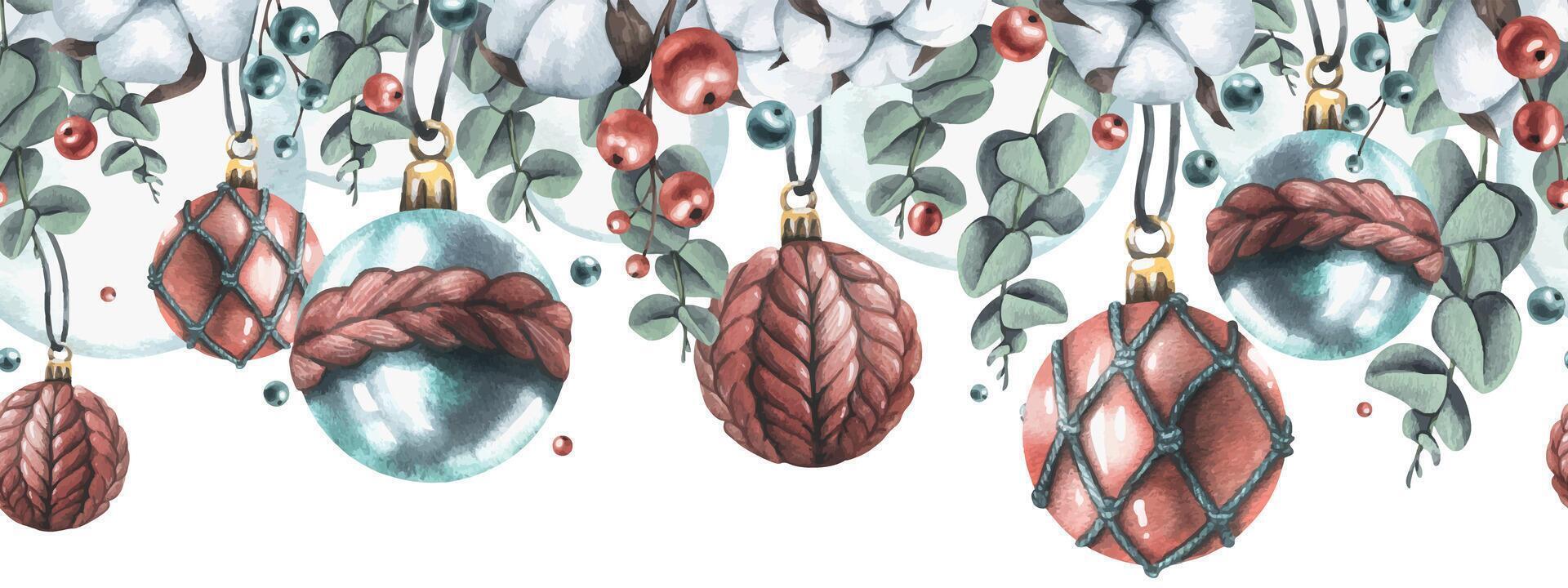 Christmas balls knitted and glass with eucalyptus, cotton and decorative berries. Watercolor illustration, hand drawn. Seamless border, template on a white background. vector