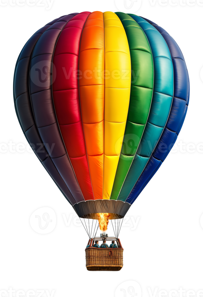 colorful rainbow hot air balloon isolated on white background. aircraft with detailed basket and passengers in colors tolerance and peace concept. png