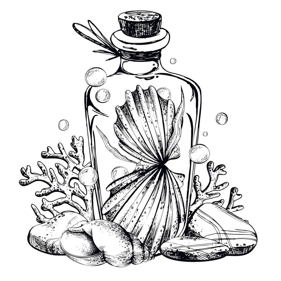 Seashells, sea sponges, corals, pebbles and bubbles inside a glass bottle with a stopper. Hand drawn graphic illustration in black and white color line art. Sublimation arrangement on marine theme vector