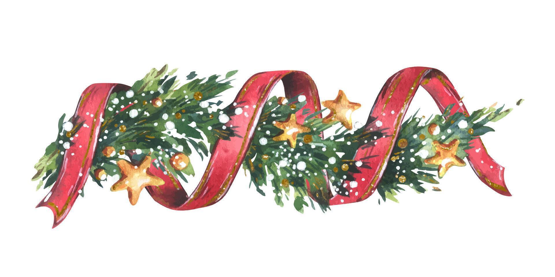 Garland decoration Christmas, New Year with green fir tree branches, red twisting ribbons, golden stars and snow. Watercolor hand-drawn illustration. Beautiful composition isolated from the background vector