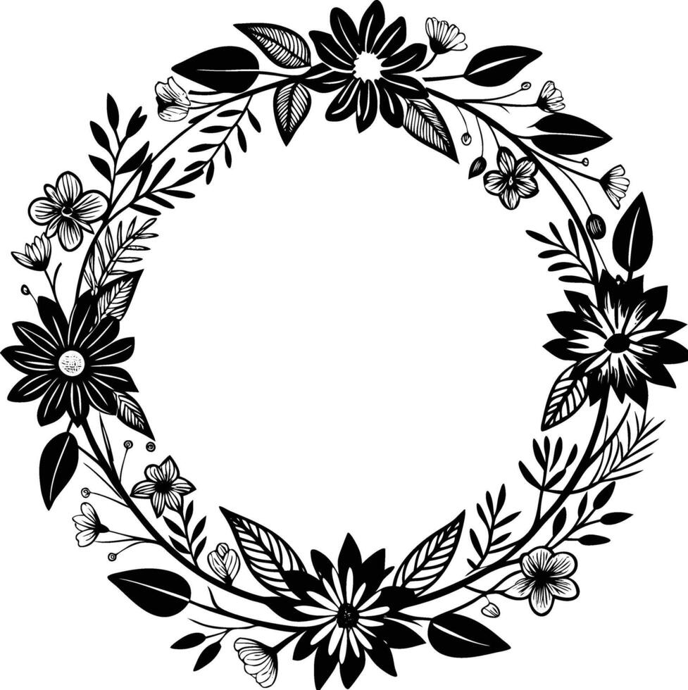 floral wreath with green leaves, herbs forest round, cute rustic frame border print. vector
