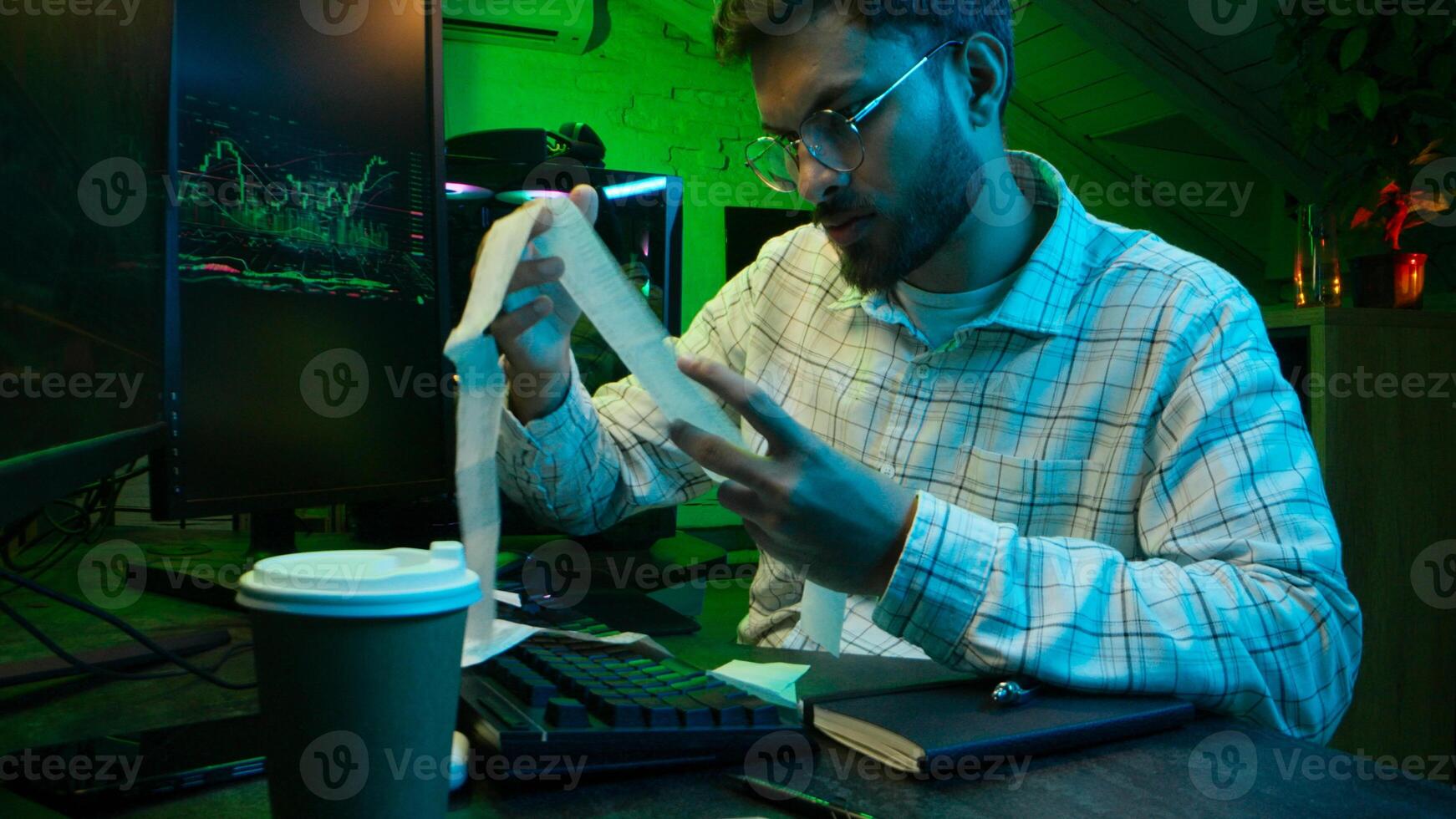 Caucasian focused man programmer checking coding guy coder male professional digital engineer IT support drinking coffee typing working on desktop computer creating Innovative software developing app photo