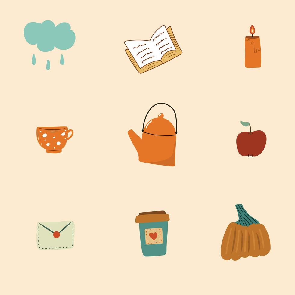 Set of fall seasonal elements. Autumn collection kettle, book, candle, cozy home. vector