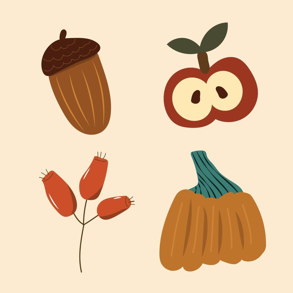 Happy Thanksgiving cozy illustration with acorn, pumpkin, berries and apple. vector