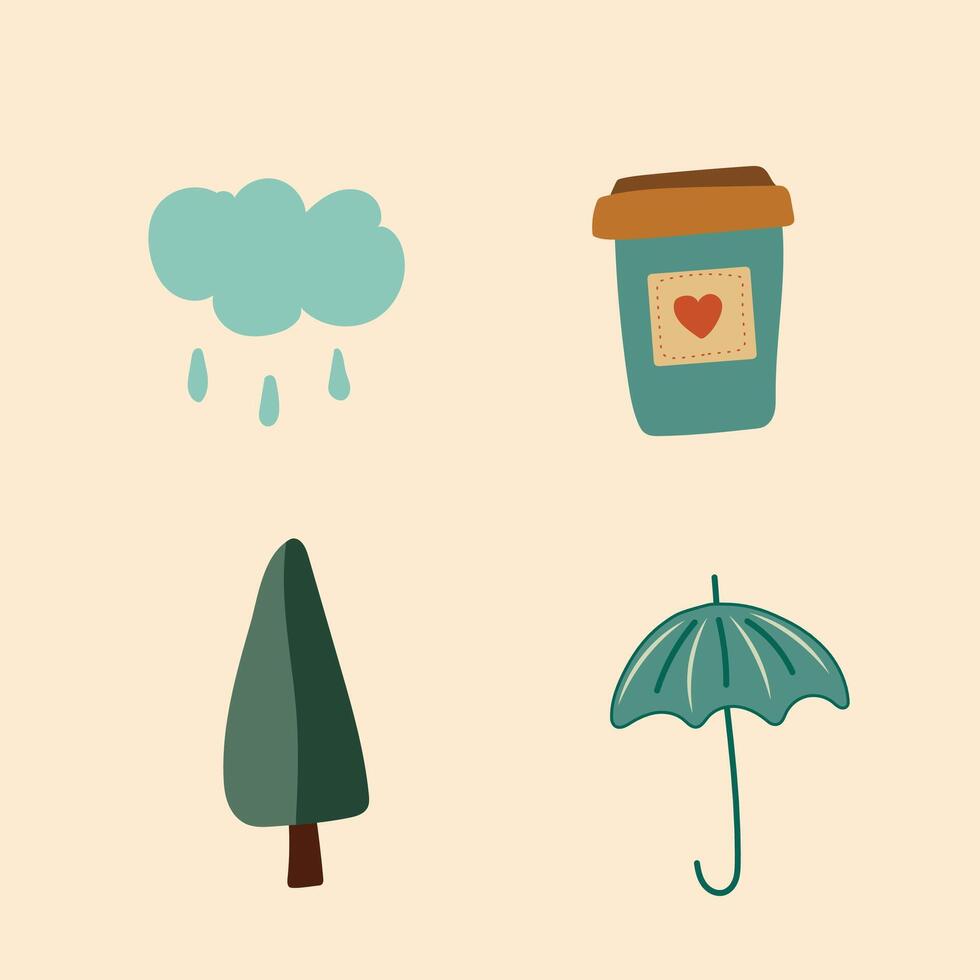 Rainy weather cozy set. Umbrella and cloud with raindrops. Flat illustration vector