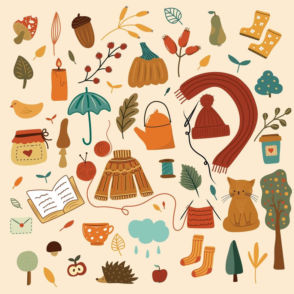 Autumn set of cute and cozy design elements. vector
