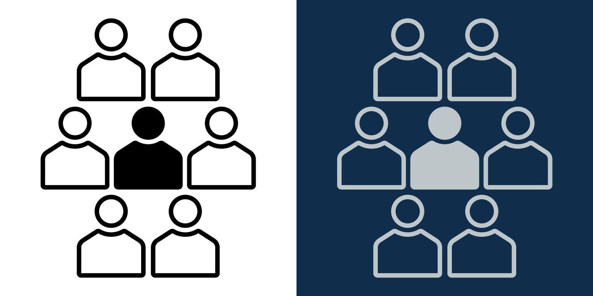Icons of 6 identical people and 1 different one. Concept of human uniqueness. group of businessmen. Thinking differently - being different, moving towards success in life - standing out from the crowd vector