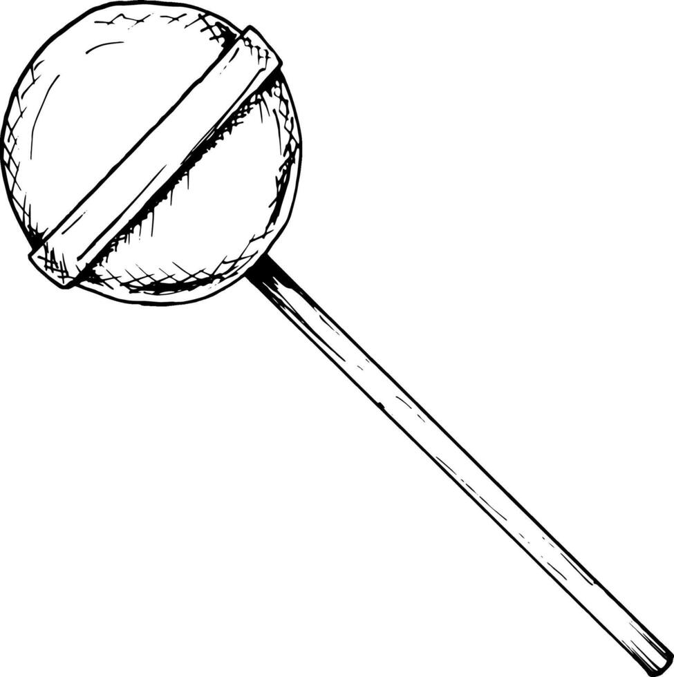 Black and white illustration of a round candy on a stick, drawn in a minimalist sketch style. Perfect for confectionery, menu design, bakery branding or holiday decorations. Great for cards and labels vector