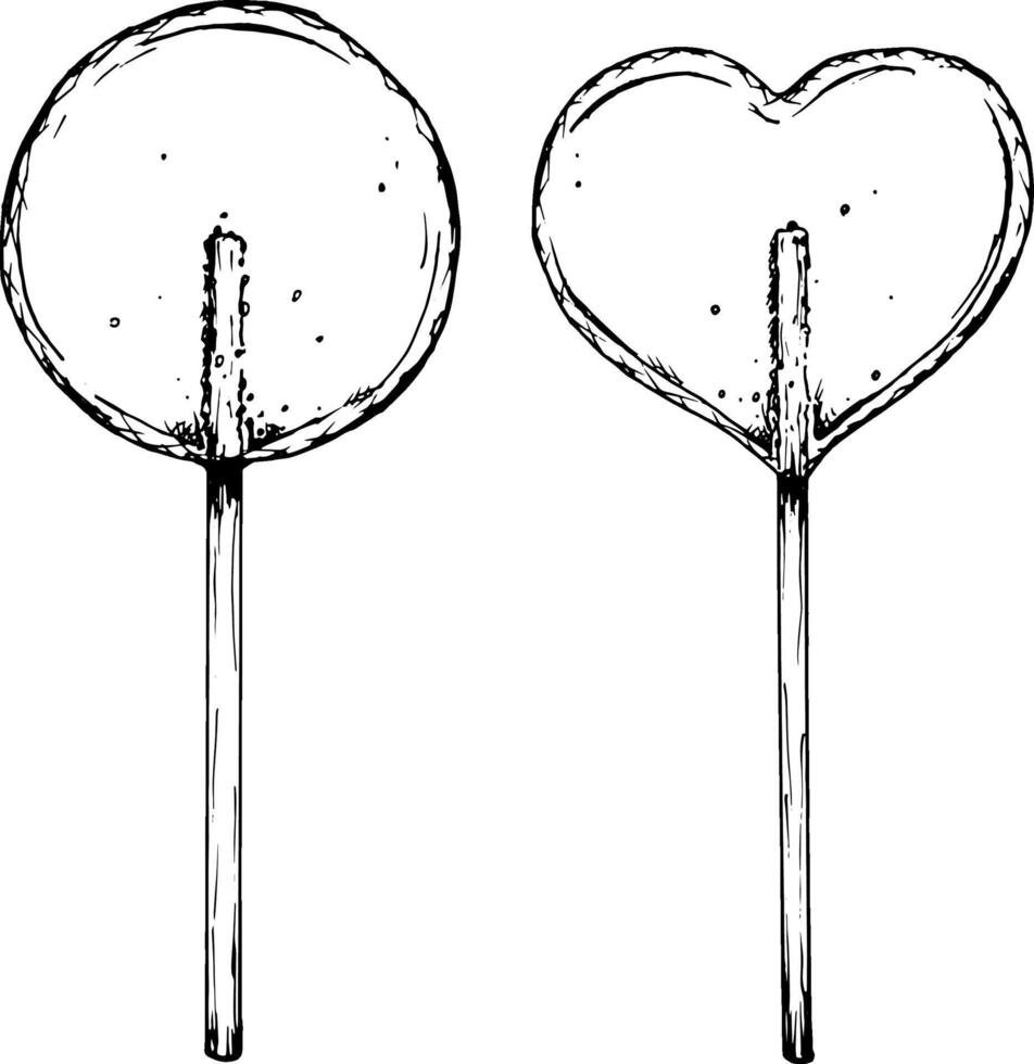Black and white illustration of two clear sugar lollipops, one round and one heart-shaped, drawn in a sketch style. Perfect for confectionery, bakery branding, Valentine s Day or holiday decorations. vector