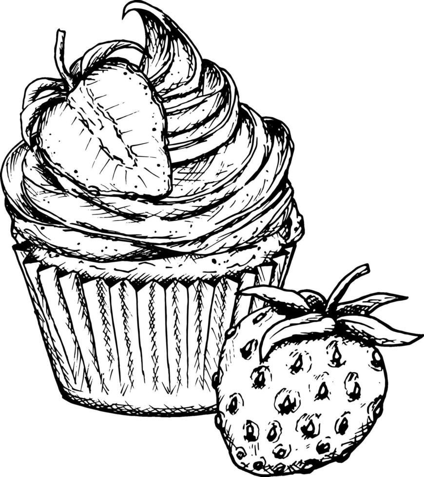 A delicious ink sketch of a cupcake topped with whipped cream and strawberries, drawn in black and white style. Perfect for baking designs, valentines and food-related creative projects. vector